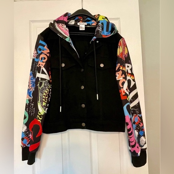OO LALA Colorful Graphic Sleeve Hoodie Jacket Sz.L – Black Denim Front - Picture 5 of 10